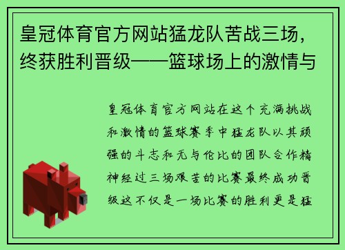 皇冠体育官方网站猛龙队苦战三场，终获胜利晋级——篮球场上的激情与奋斗